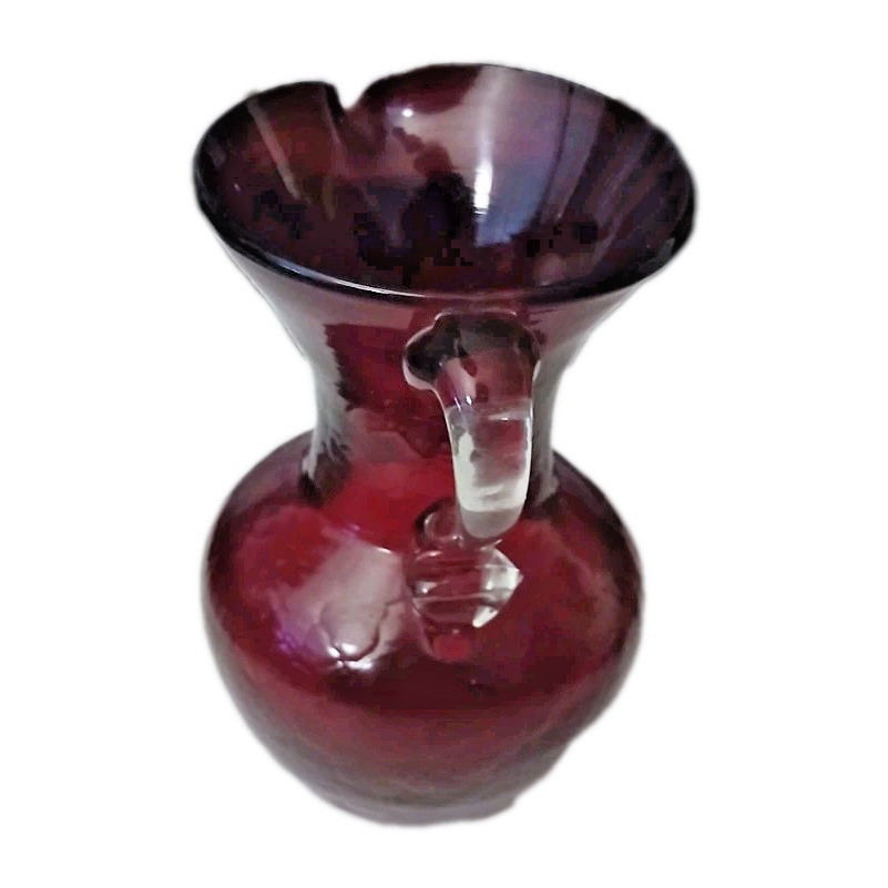 Ruby Glass Pitcher Clear Handle Handblown Textured Surface 5"