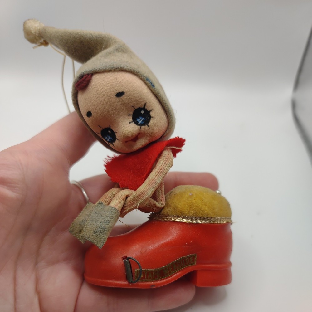 Vintage pixie elf boot pin cushion measuring tape