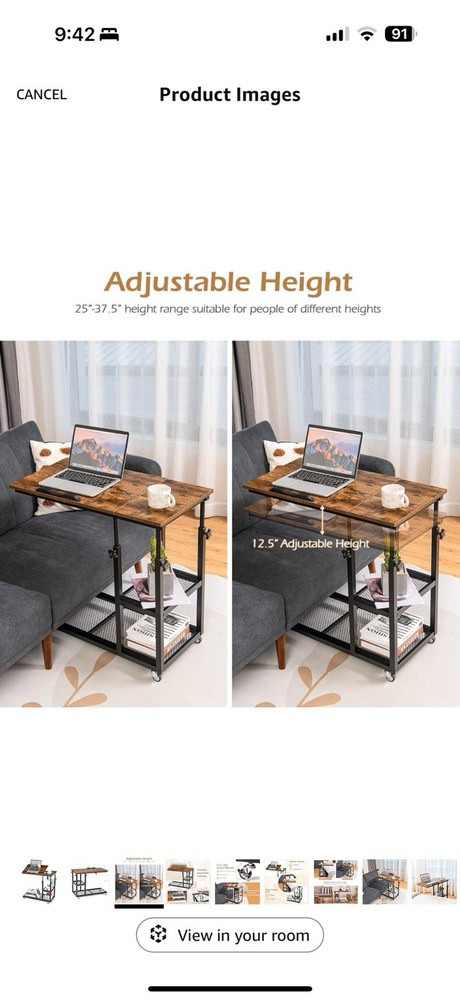 Tangkula Height Adjustable C Shaped End Table With Locking Wheels