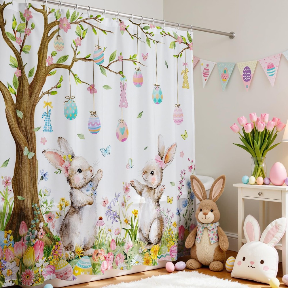Easter Bunny Shower Curtain Easter Eggs Cute Rabbits Spring Floral Bathroom..