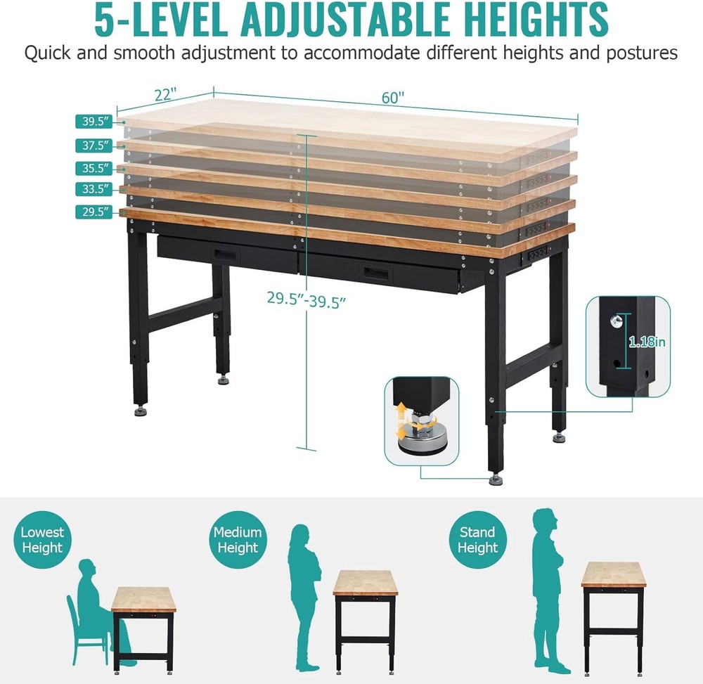 60" Workbench Rubber Wood Tabletop Work Table W/2 Drawers & Pegboard Pad 3000LBS