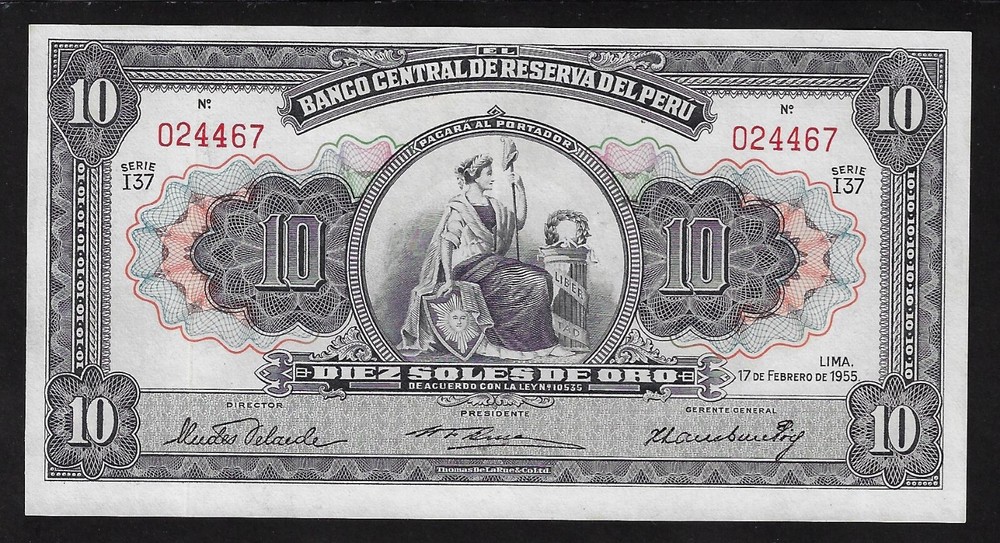 PERU 10 SOLES DE ORO 1955 UNC