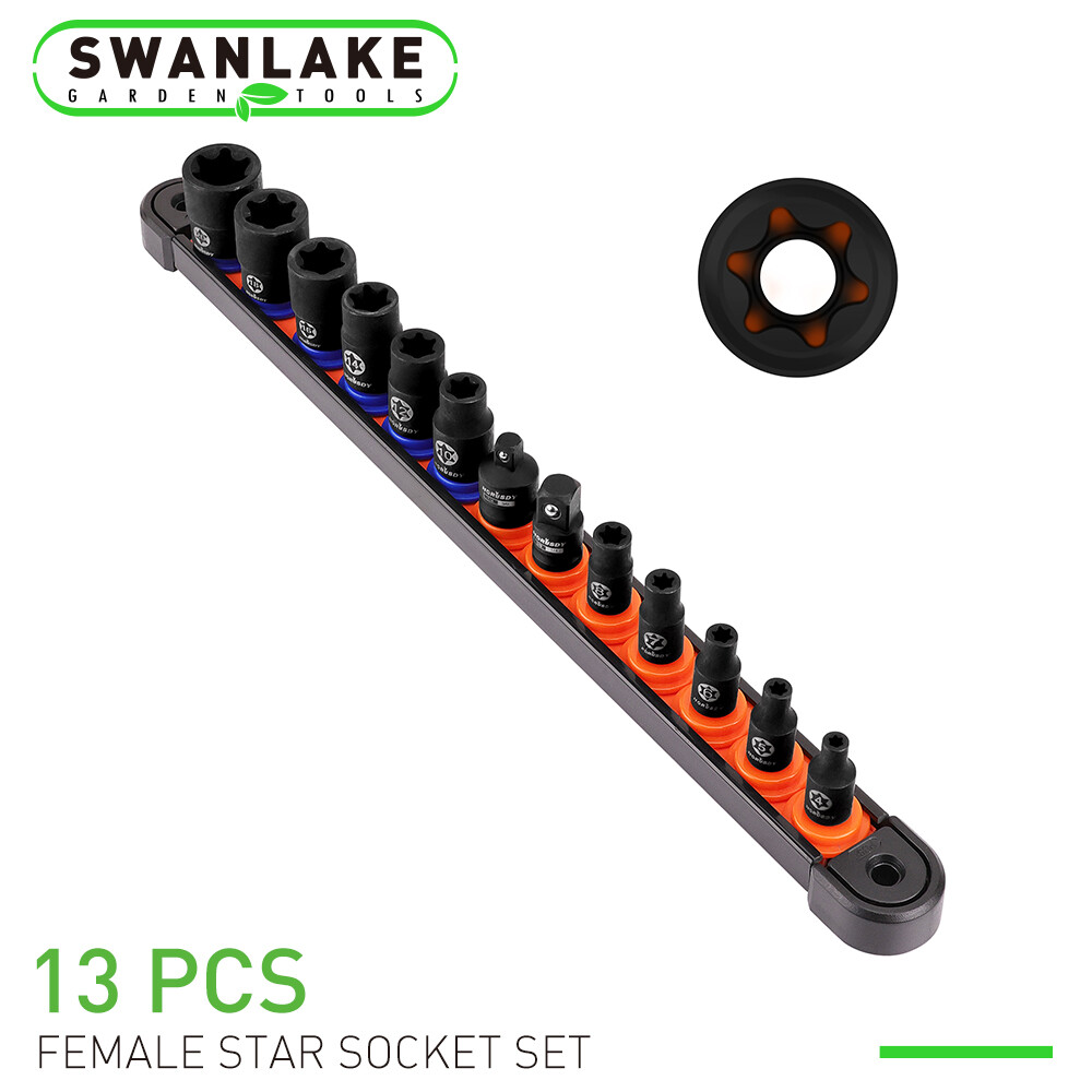 New 13pc Female E Torx Torque Star Socket Bit Set on Snap in Rail E4-E20