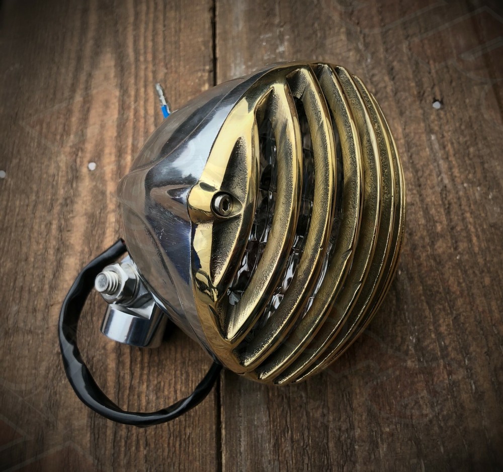 Custom Chopper Bobber Cafe Headlight Scalloped Headlight Alloy Brass Grill