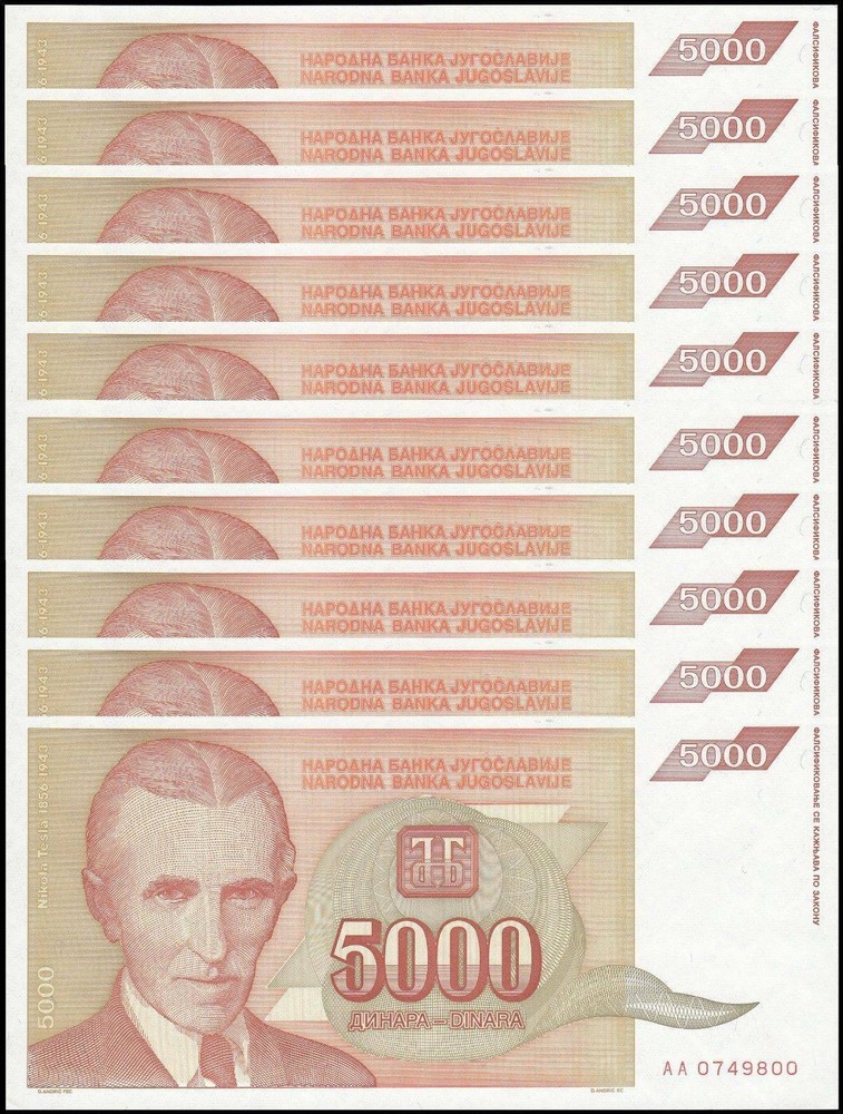 Yugoslavia 5000 Dinara, 1993, P-128, UNC X 10 PCS