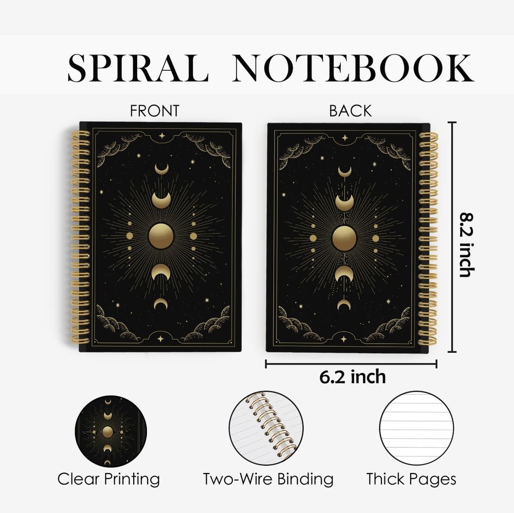 Witchy Gothic Spiral Notebook, Astrology Journal, Celestial Sun and Moon Phas...