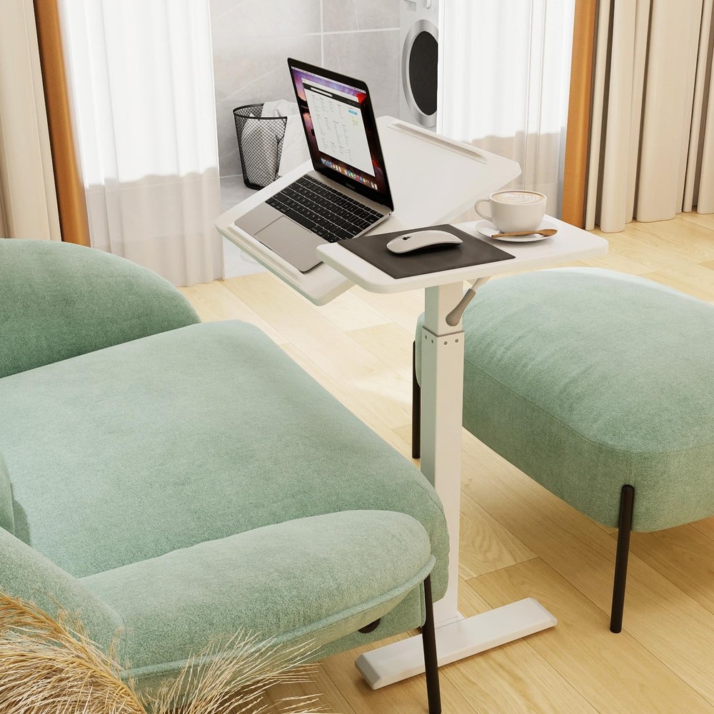 PUNCIA Height Adjustable Overbed Table with Pneumatic Lift Rectangular, White