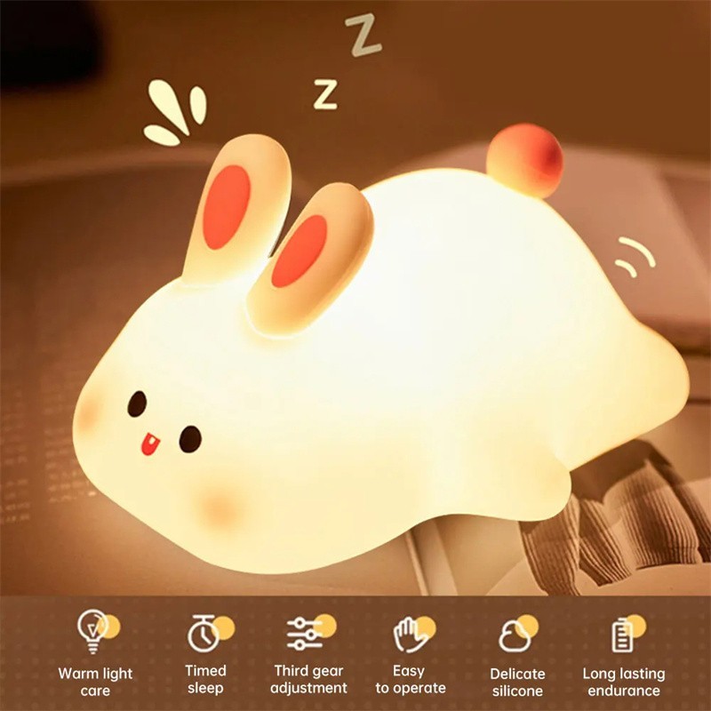 Cute Rabbit Silicone LED Night Light Touch Sensor USB Rechargeable Nursery Lamp
