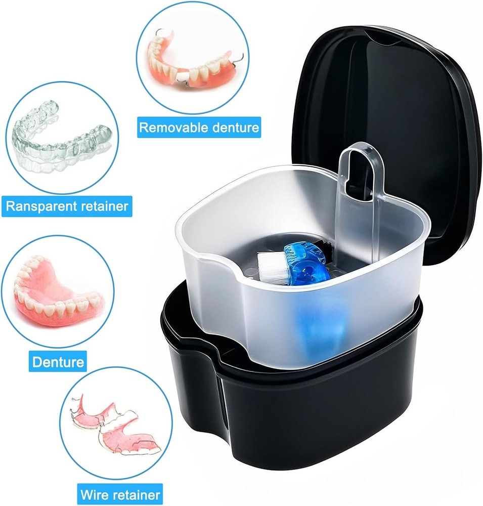 Black Denture Soaking Container Partial Denture Case, Orthodontic Retainer Cl...