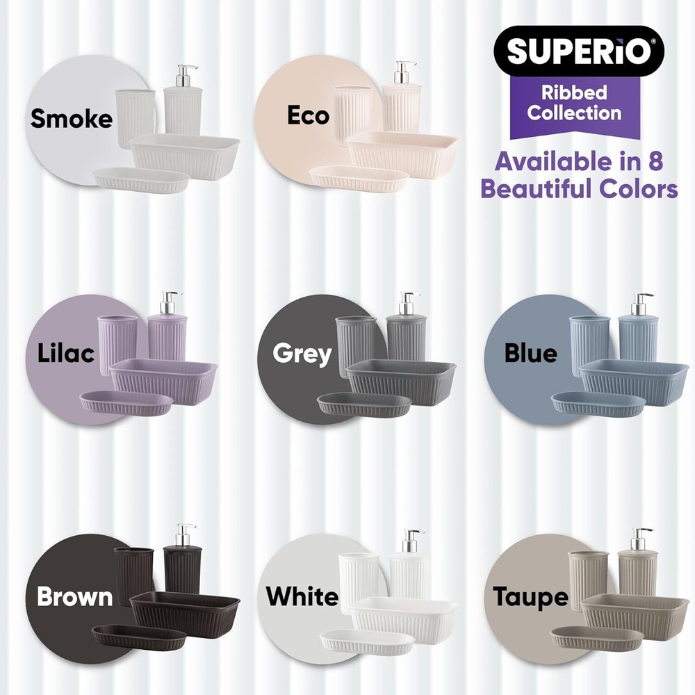 Superio Decorative Ribbed Bathroom Accessory Set, Plastic - Grey (4 Pack)