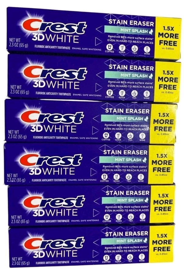 6 Pack - Crest 3D White Stain Eraser Mint Splash Fluoride Toothpaste 2.3oz 01/27
