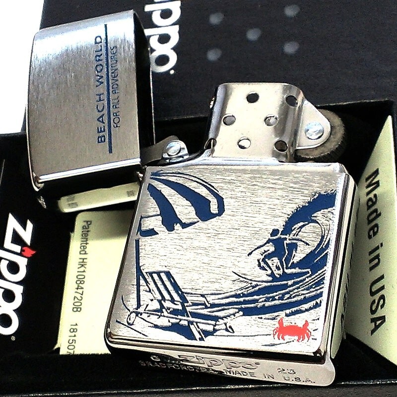 Zippo Beach World Surfing Silver Satin One Side Processing Etching Lighter Japan