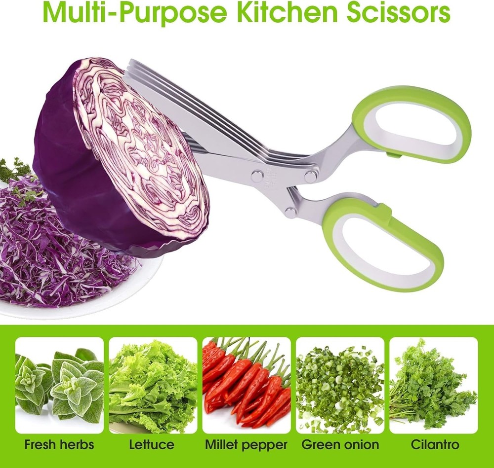 Herb Scissors, Kitchen Shears with 5 Blades and Cover, Multipurpose Cutting, ...
