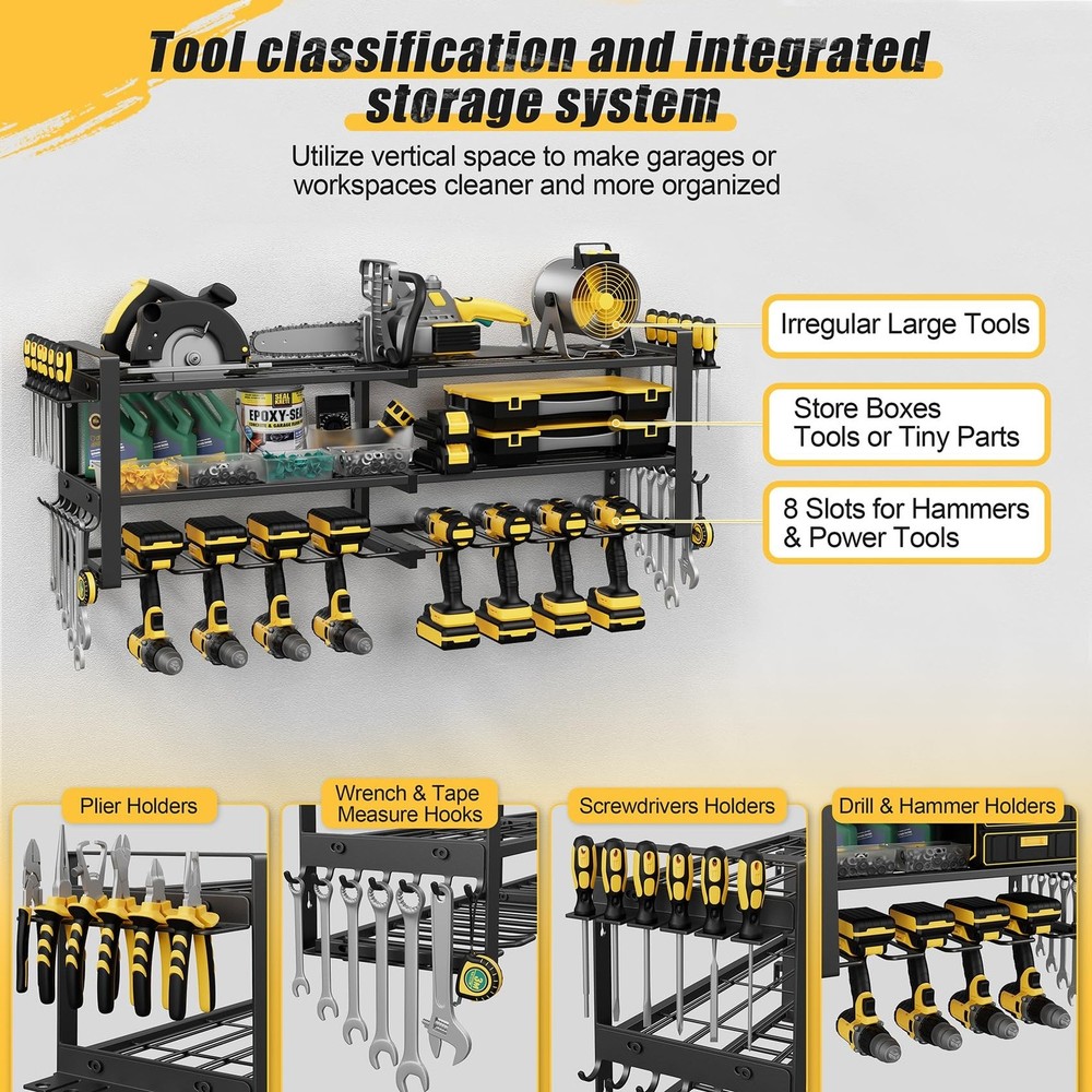 Power Tool Organizer Wall Mount, 3-Tier Tool Storage Rack with 8 Drill Holder...