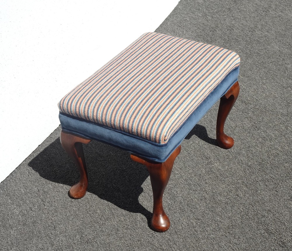 Vintage Queen Anne Blue Stripped Footstool Bench