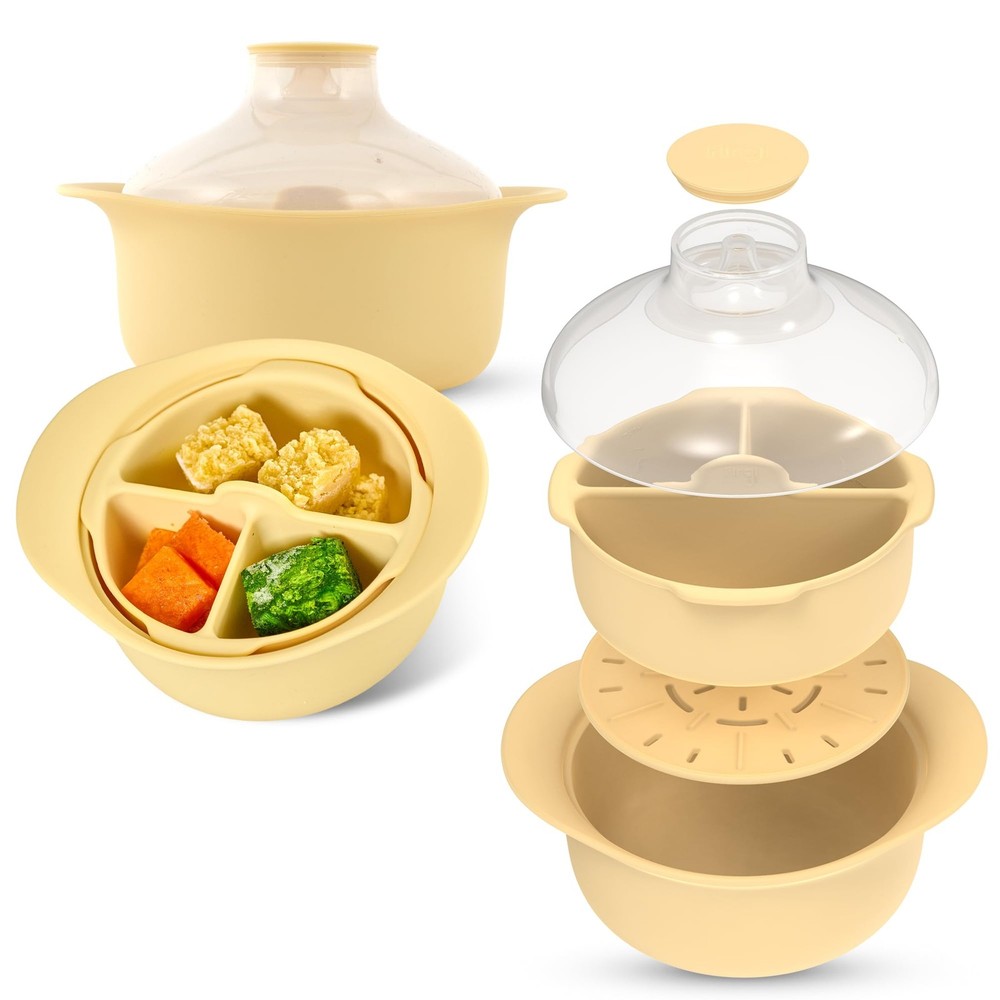 48oz Platinum Silicone 3 Compartmented Microwave Steamer Pot with Handle & Li...