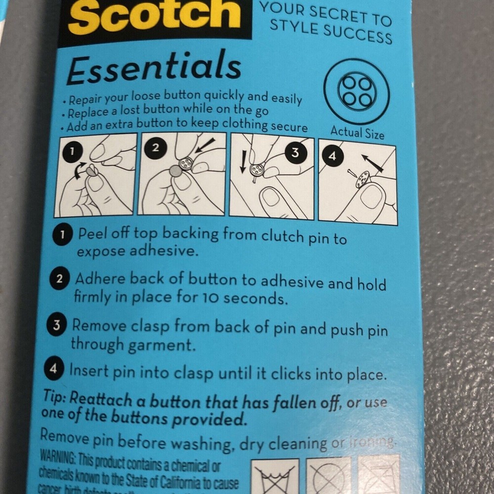 Scotch Essentials Easy Fix Button, 4 Pins, 2 White & 2 Grey & 4 Total Button,NEW