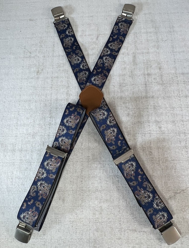 Unbranded Blue Paisley Pattern Suspenders Metal Clips Adjustable