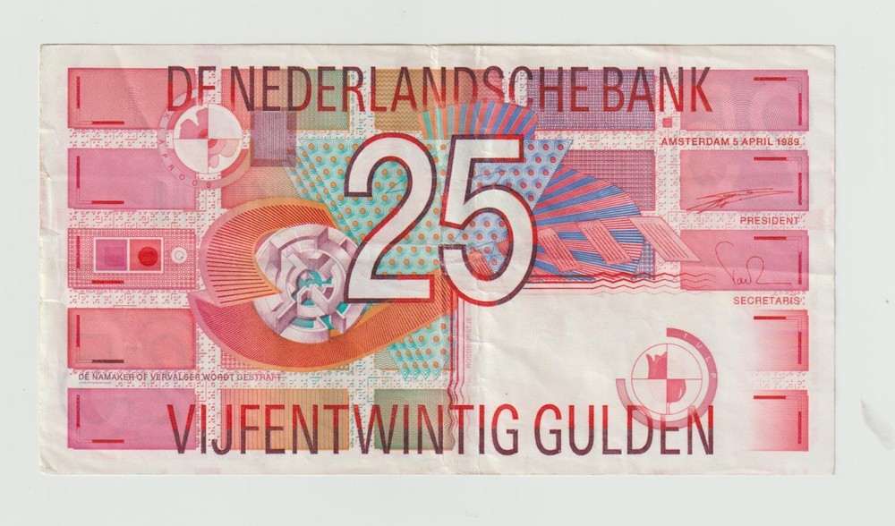 Netherlands 25 Gulden P-100  1989 VF Banknote