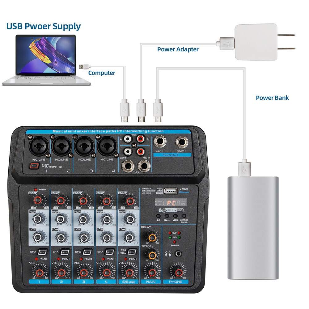 6Channel Live Audio Mixer Bluetooth USB DJ Sound Mixing Console Amplifier Studio