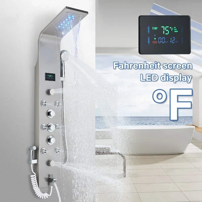 Shower Panel Tower System LED Rainfall Massage Jet Sprayer Stainless Steel Mixer