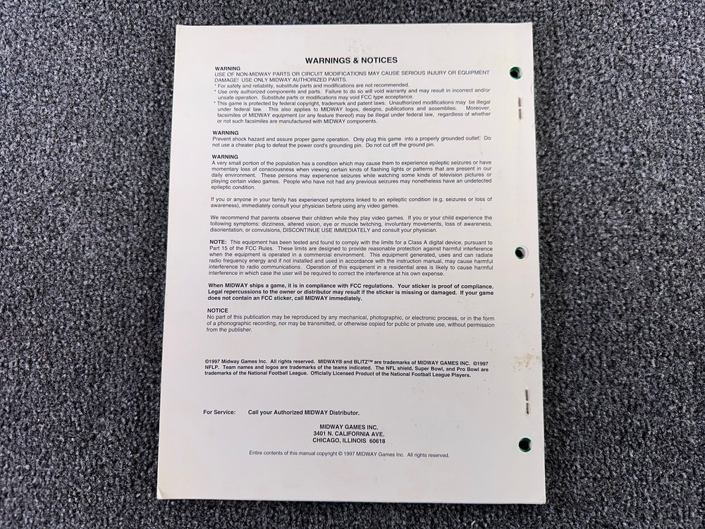 Midway Blitz 25" Dedicated Arcade Video Game Manual Schematics ORIGINAL