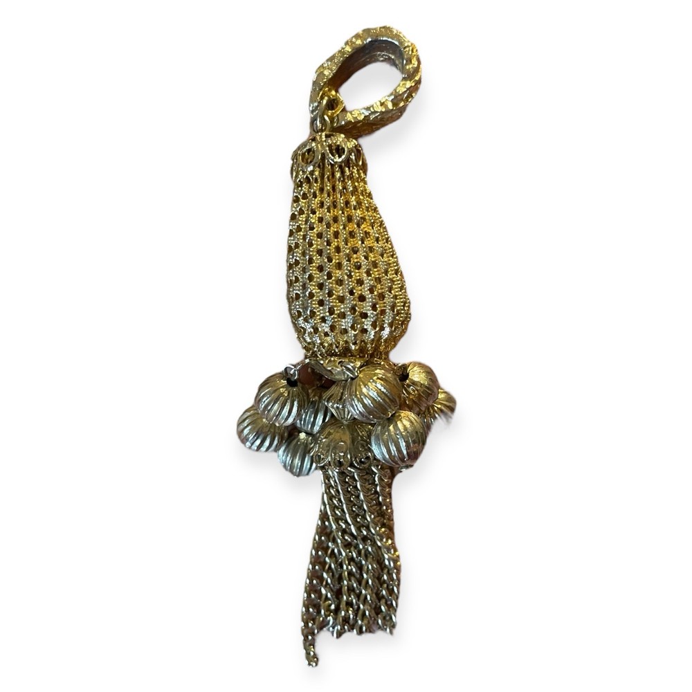 Vintage Gold Tone Mesh Tassel Pendant Large Openwork Drop Beads 3.5” Statement