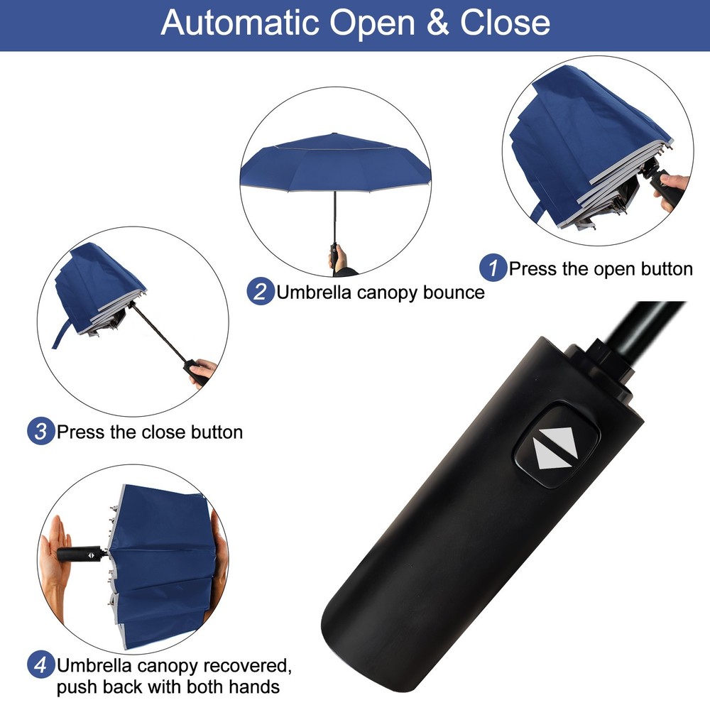 Large Golf Umbrella 62 Inch Double Canopy Reflective Strips Auto Open/Close Blue