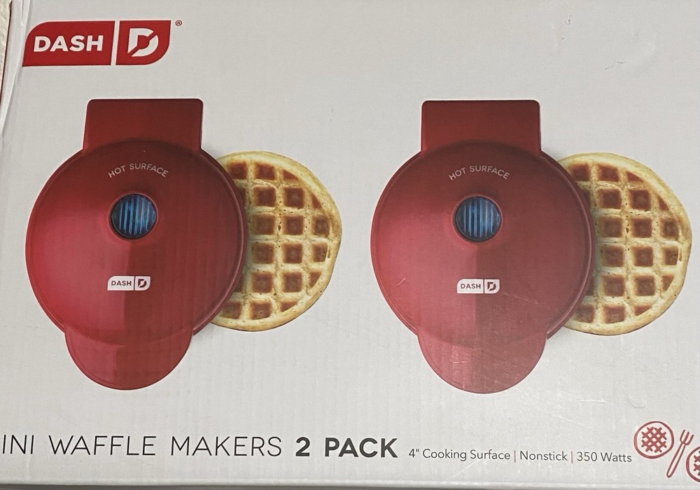 Dash Mini Waffle Maker 2 Pack 4” Nonstick Red Open Box Complete NEW IN BOX LOOK