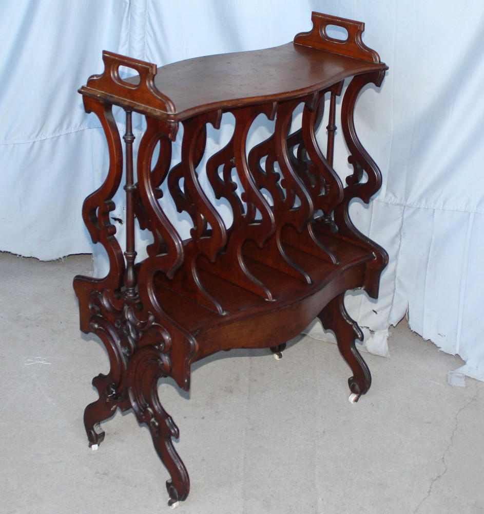 Antique Victorian Canterbury Bookcase Holder walnut Rococo Revival