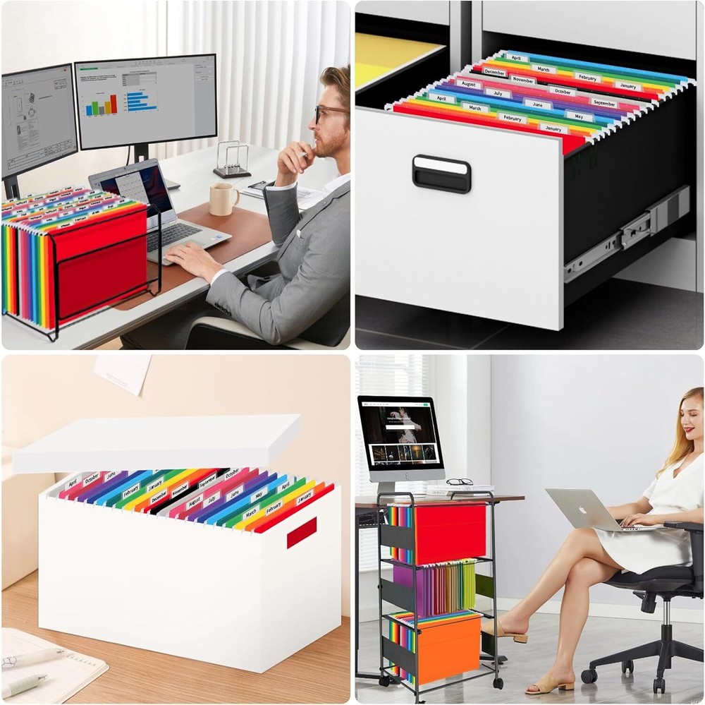 12 Pack Hanging File Folders, Letter Size with 1/5-Cut Adjustable Multicolor