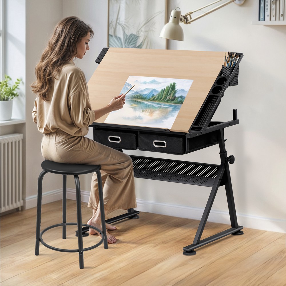 Drawing Drafting Table Stage Platform Adjustable Height W/ Stool Outlet Natural