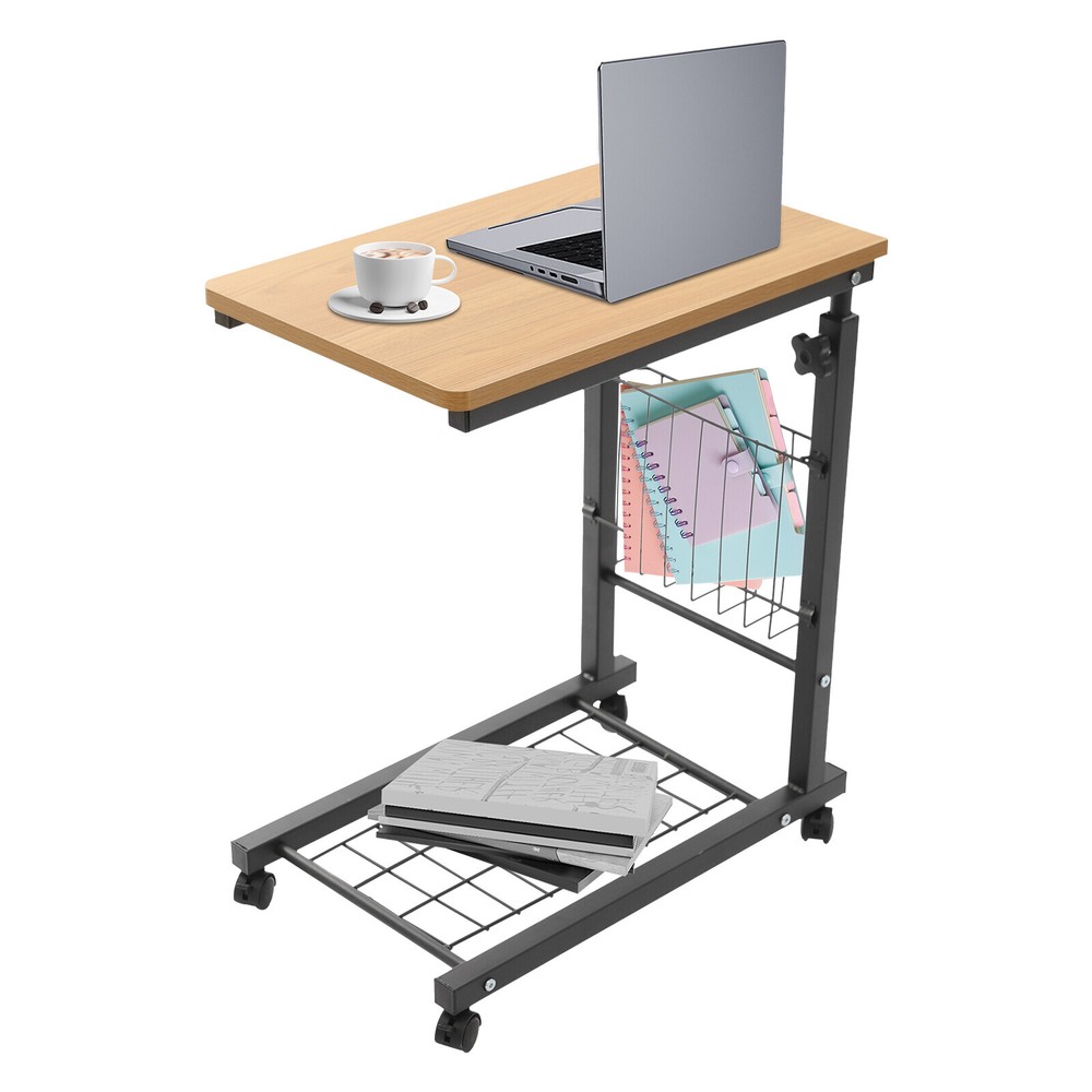 Height-Adjustable Teak Side Table with Wheels - 2 Tiers for Easy Storage