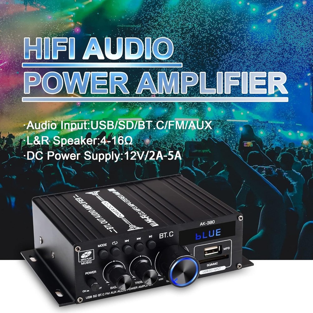 Compact Bluetooth Amplifier with Remote Control - Supports Bluetooth/USB/AUX/RCA