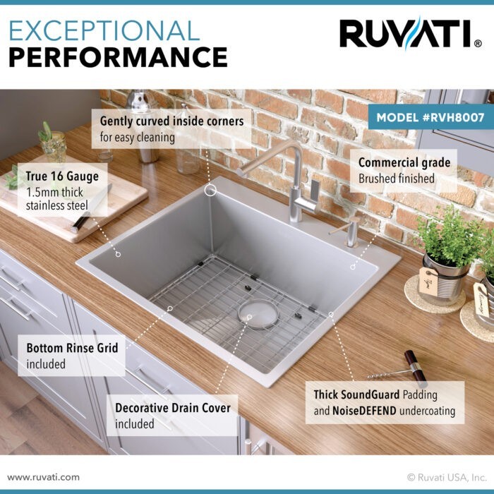 Ruvati 25" Drop-in Topmount Rounded Corners Kitchen Sink- RVH8007