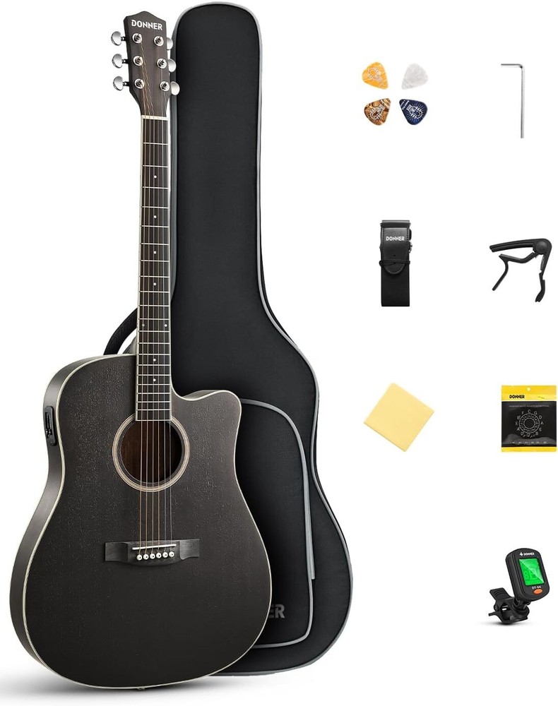 Donner Beginner Acoustic Electric Guitar 41" Full Size Kit Black