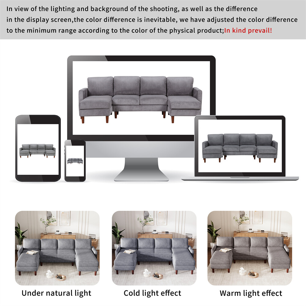 103'' U-shaped Sponge-filled Cushion Combination Sofa with Solid Wood Legs