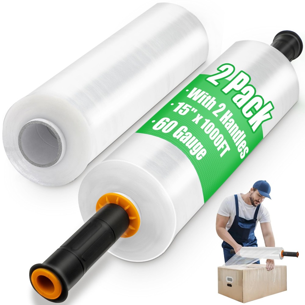 2 Pack Plastic Wrap for Moving with Handles, 2 (15 IN x 1000 FT), clear