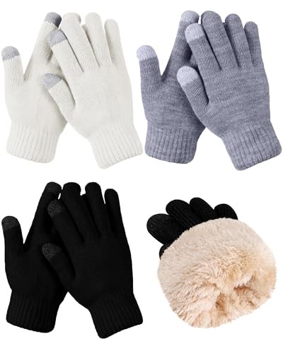 3 Pairs Winter Fleece Lined Gloves for Women Warm Solid Black,ivory,light Gray