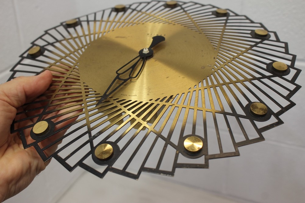 Vintage Weimar Electronic Wall Clock Brass "sawblade" style, WORKS, needs a hand