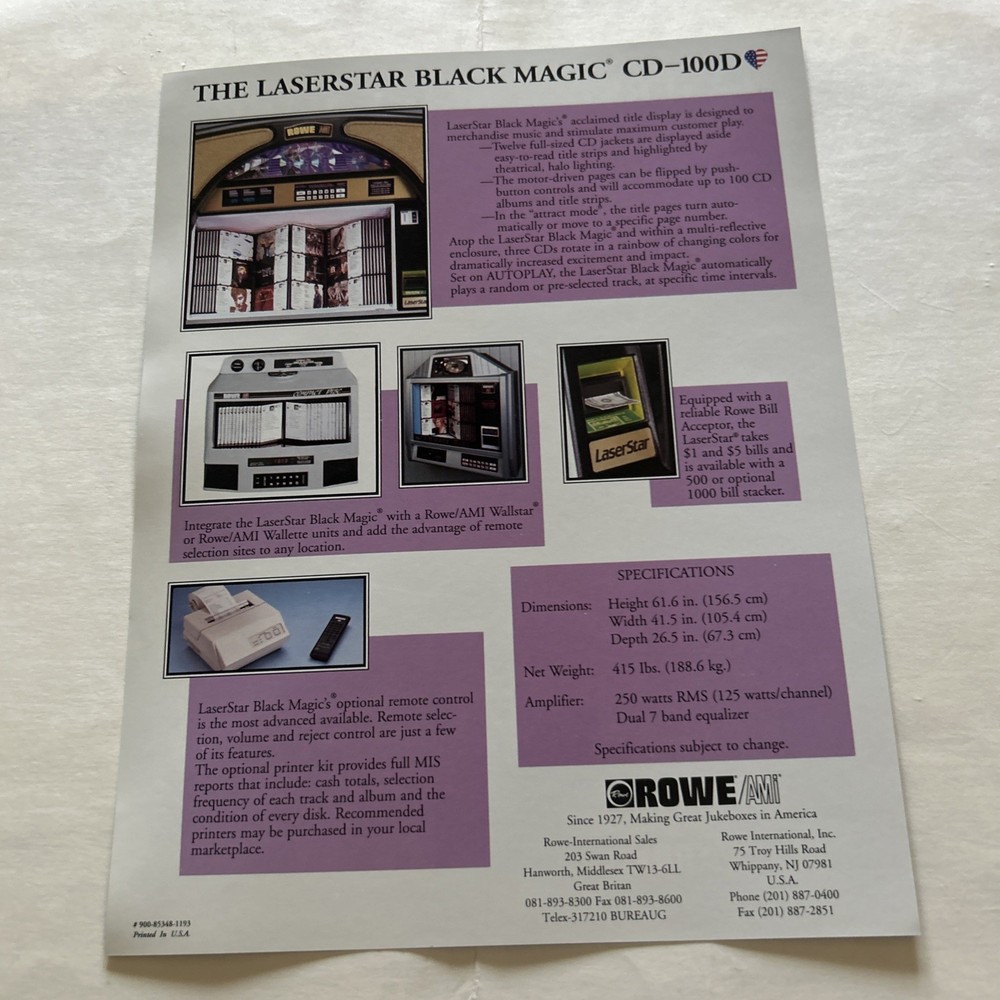 Original Factory Jukebox Ami-Rowe Laserstar Cd-100d Black Magic FLYER