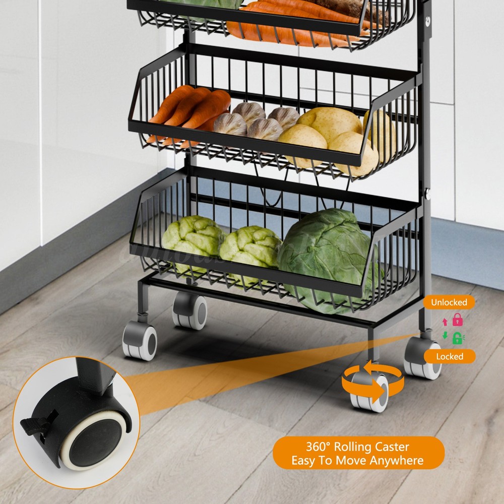 4 Tiers Kitchen Trolley Rack Utility Rolling Storage Cart Fruit Vegetable Shelf