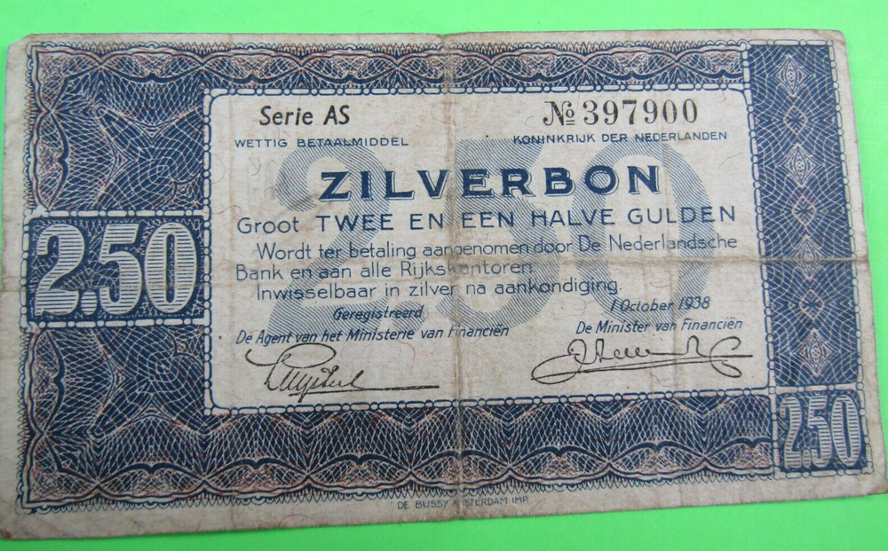 NETHERLANDS, 2 1/2 GULDEN, ZILVERBON, 1938
