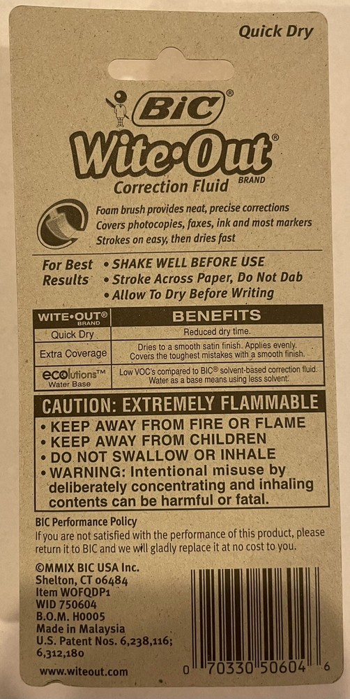 NEW BIC White Out Quick Dry Foam Brush Correction Fluid 0.70 Ounces (D)