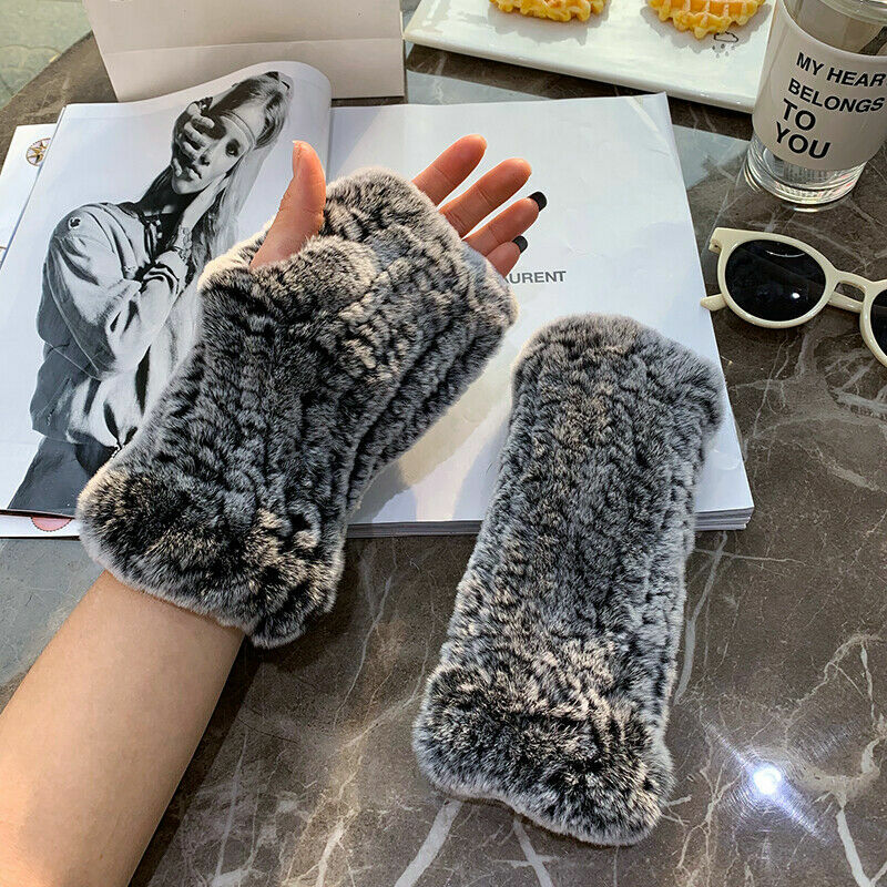 Winter Rabbit Fur Golves Knitted Stretch Fingerless Mitten Gloves