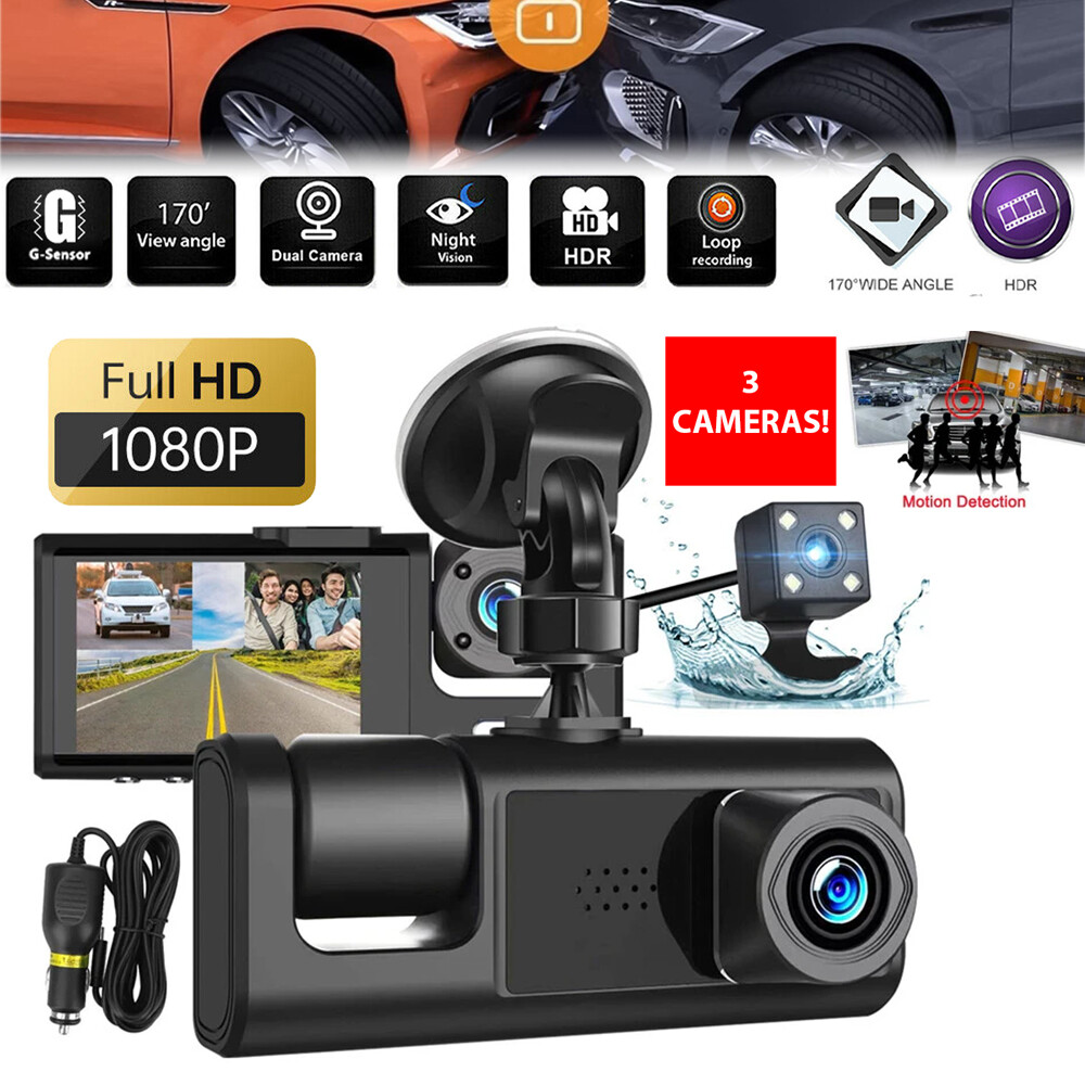 Dash Cam 1080P HD Car Dual Lens Front/Rear/Inside Video Recorder Camera G-sensor