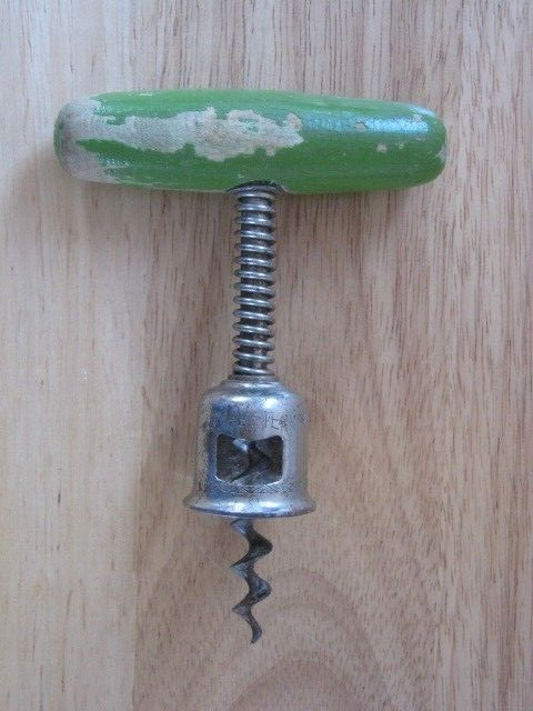 Vintage Spring-Loaded Corkscrew with Green Wooden Handle and Caplifter Germany