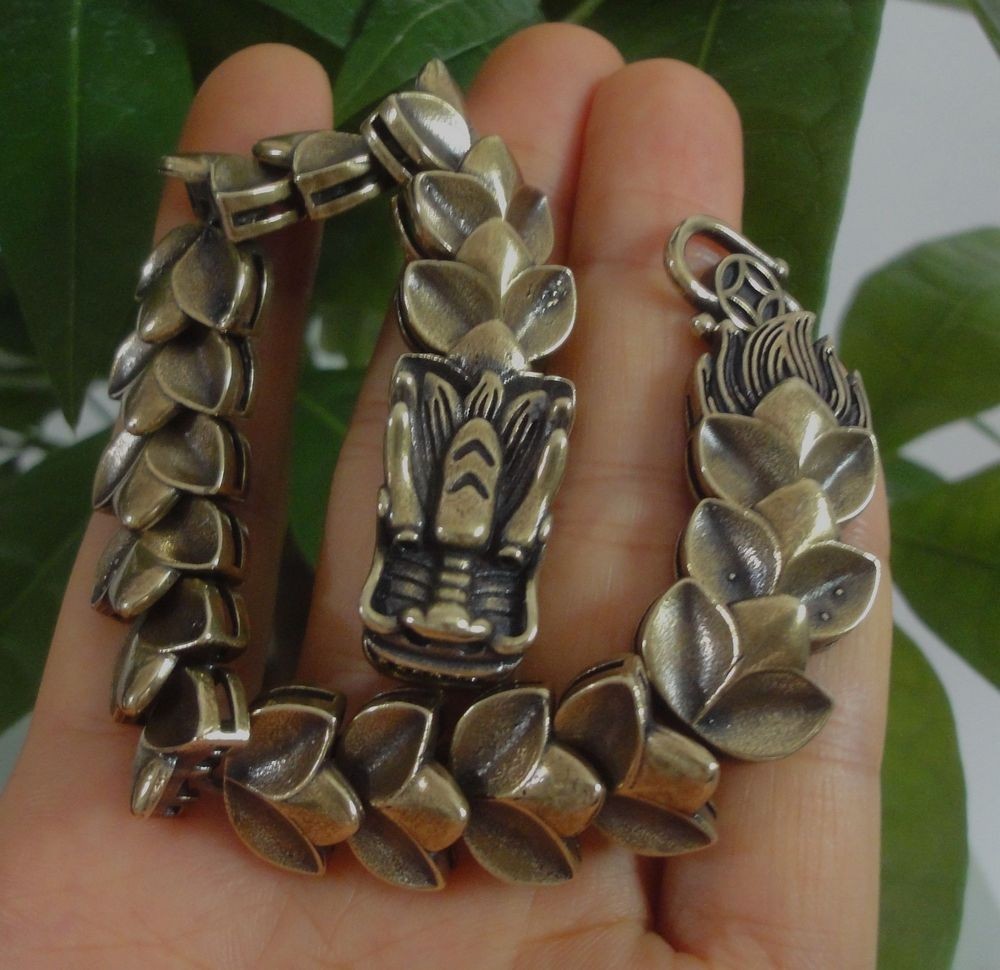 Antiqued Solid Brass Copper Powerful Zodiac Dragon Head Statue Men Bracelet