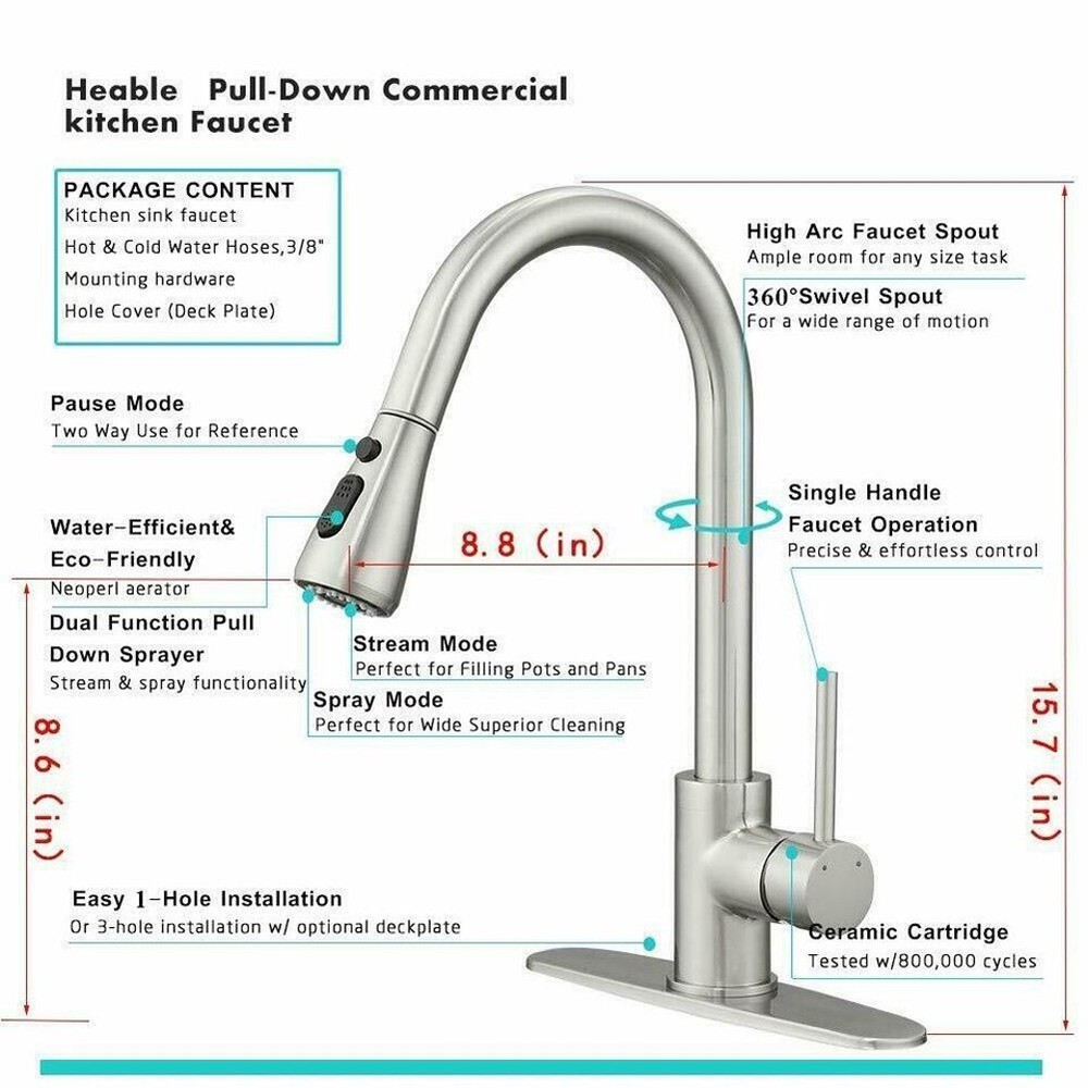 Commercial Kitchen Sink Faucet Pull Down Sprayer Single Handle with Cover Plate