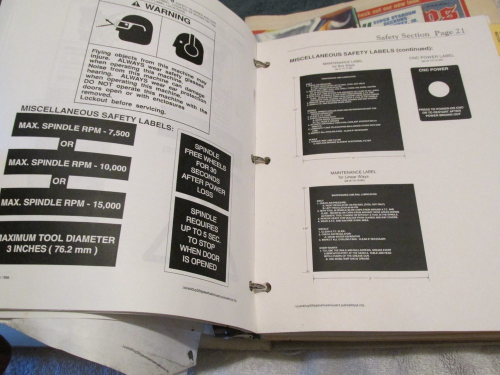 FADAL Engineering VMC-CNC Vertical Machining Center Owners USER MANUAL BINDER